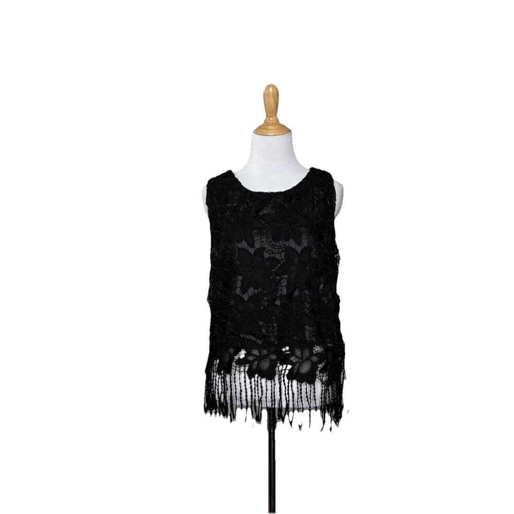 Kontrol Crochet Lace Tassels Cover Up Black Sheer Topper Duster Festival  Large